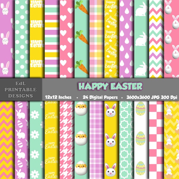 Happy Easter Digital Paper, Cute Easter Eggs Printable Background, Bunny Pattern Scrapbook Papers, 12x12 Paper, Seamless Pattern Set Of 24