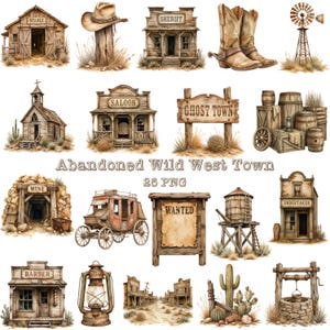 Könnte beinhalten: Eine Sammlung von Illustrationen zum Thema Wild West, darunter ein Stall, ein Sheriff-Büro, ein Saloon, ein Bestatter, ein Friseursalon, ein Mineneingang, eine Postkutsche, ein Wasserturm, ein Brunnen, Kakteen, Cowboystiefel, ein Hut und eine Laterne.