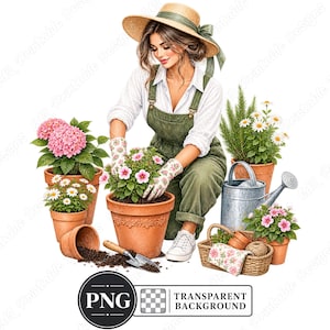 Puede incluir: Una ilustración digital de una persona jardinera con sombrero de paja, camisa blanca y peto verde oliva, arrodillada plantando flores en macetas de terracota. Incluye una regadera de metal, una cesta de mimbre y una paleta de mano.