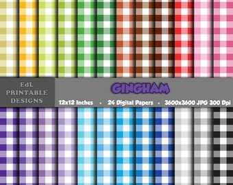 May include: 24 digital papers featuring gingham patterns in a range of colours, including yellow, green, brown, red, pink, purple, blue, grey, and black. Each paper measures 12x12 inches and is 3600x3600 pixels, with a resolution of 300 DPI. The text "EdL Printable Designs" and "GINGHAM" are at the top of the image.