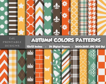 Herfstkleuren digitaal papier, bruin, groen, oranje, geel plakboekpatroon (digitale download)