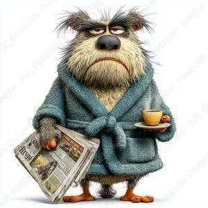 Op de afbeelding: Een chagrijnige cartoonfiguur in een blauwgroene badjas, met een krant en een kop koffie. De figuur heeft een frons en een ontevreden uitdrukking. De krant heeft de tekst "Altaus Ruvig".