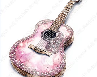 20 Glittery Guitar Clip Art, Acoustic Guitar Printable Images, Musical Instruments Digital Download, Shiny Scrapbooking Paper Crafts JPG Set