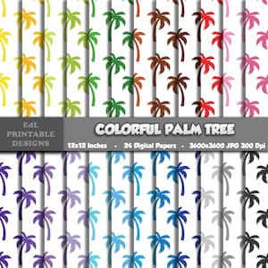 May include: 24 digital papers featuring a repeating pattern of palm trees in various colors, including yellow, green, blue, purple, red, brown, gray, and black. Each paper is 12x12 inches and 3600x3600 pixels, with a resolution of 300 dpi. The text "COLORFUL PALM TREE" is displayed at the top of the image.