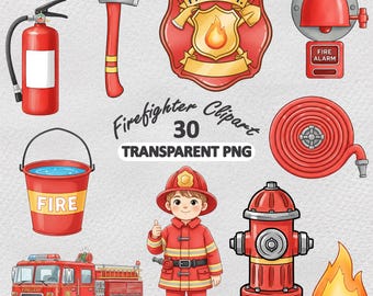 Firefighter Clipart: Fireman, Truck, Party Scrapbook PNG Bundle (Digital Download)