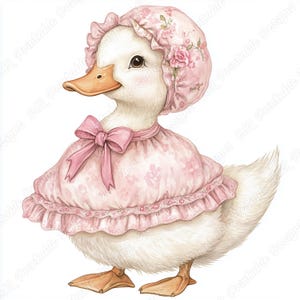 Può includere: Illustrazione di un'anatra bianca vestita con un cappello e un vestito rosa, entrambi decorati con un motivo floreale. L'anatra ha un fiocco rosa, un becco giallo e zampe gialle. L'immagine ha un aspetto vintage.