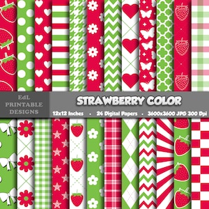Strawberry Digital Paper, Green And Red Color Printable Background, Summer Fruit Scrapbook Paper, 12x12 Strawberries Paper, Seamless Pattern