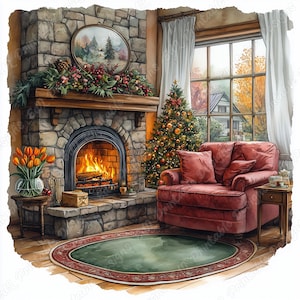18 Clip Art di stanze natalizie accoglienti, Immagini stampabili di scene di soggiorno ad acquerello, Download digitale di Natale, Pacchetto JPG di creazioni di carta per scrapbooking