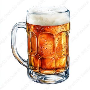 May include: A watercolor illustration of a beer mug filled with amber-colored beer and a foamy white head. The glass has a handle and a textured, rectangular design. The image is set against a white background.