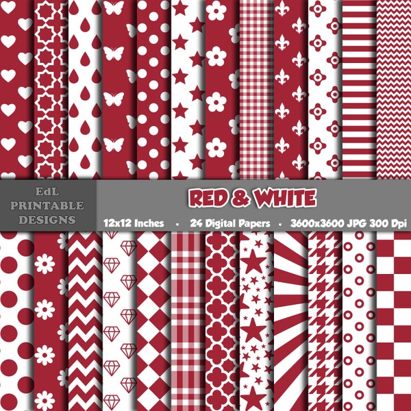 Red and White Colors Digital Paper, Printable Background, Red Party Scrapbook Papers, White Paper, Seamless Polka Dot, Hearts, Stars Pattern