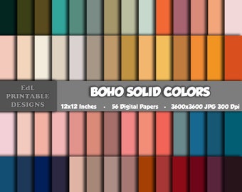 Boho Solid Colors Digital Paper, Earth Tones Printable Background, Plain Colored Scrapbook Papers, 12x12 Paper, Seamless Pattern Set Of 56