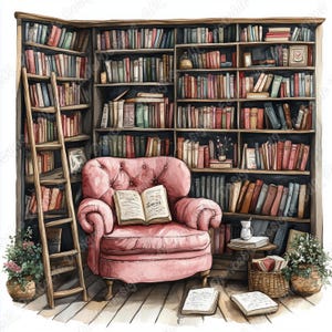 20 Cozy Reading Nook Clipart, Watercolor Bookshelf Printable Images, Book Lover Digital Download, Library Scene Scrapbooking Paper Craft JPG