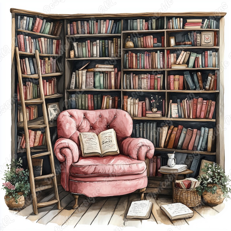 20 Cozy Reading Nook Clipart, Watercolor Bookshelf Printable Images, Book Lover Digital Download, Library Scene Scrapbooking Paper Craft JPG