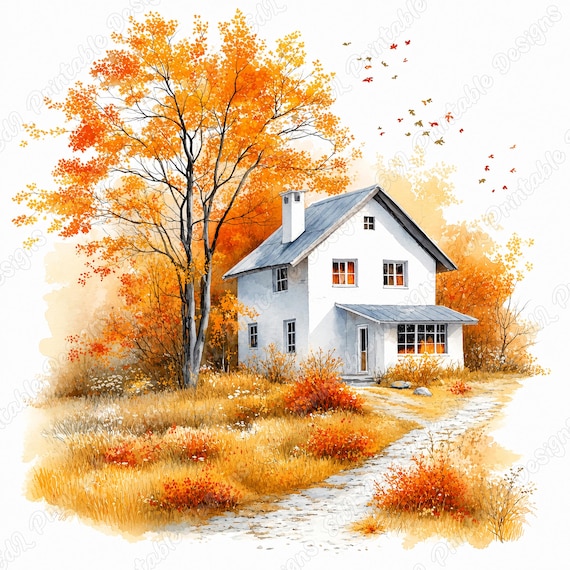 Autumn Landscape Clipart, Watercolor Woodland Views, Cozy Fall Scenery Papers Bundle (Digital Download)