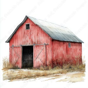 Puede incluir: Un granero rojo con un techo gris y dos grandes puertas de madera. El granero está rodeado de hierba alta y se encuentra sobre un fondo blanco.