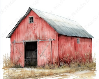 Shabby Chic Barn Clip Art, Rustic Watercolor Farmhouse (Digital Download)