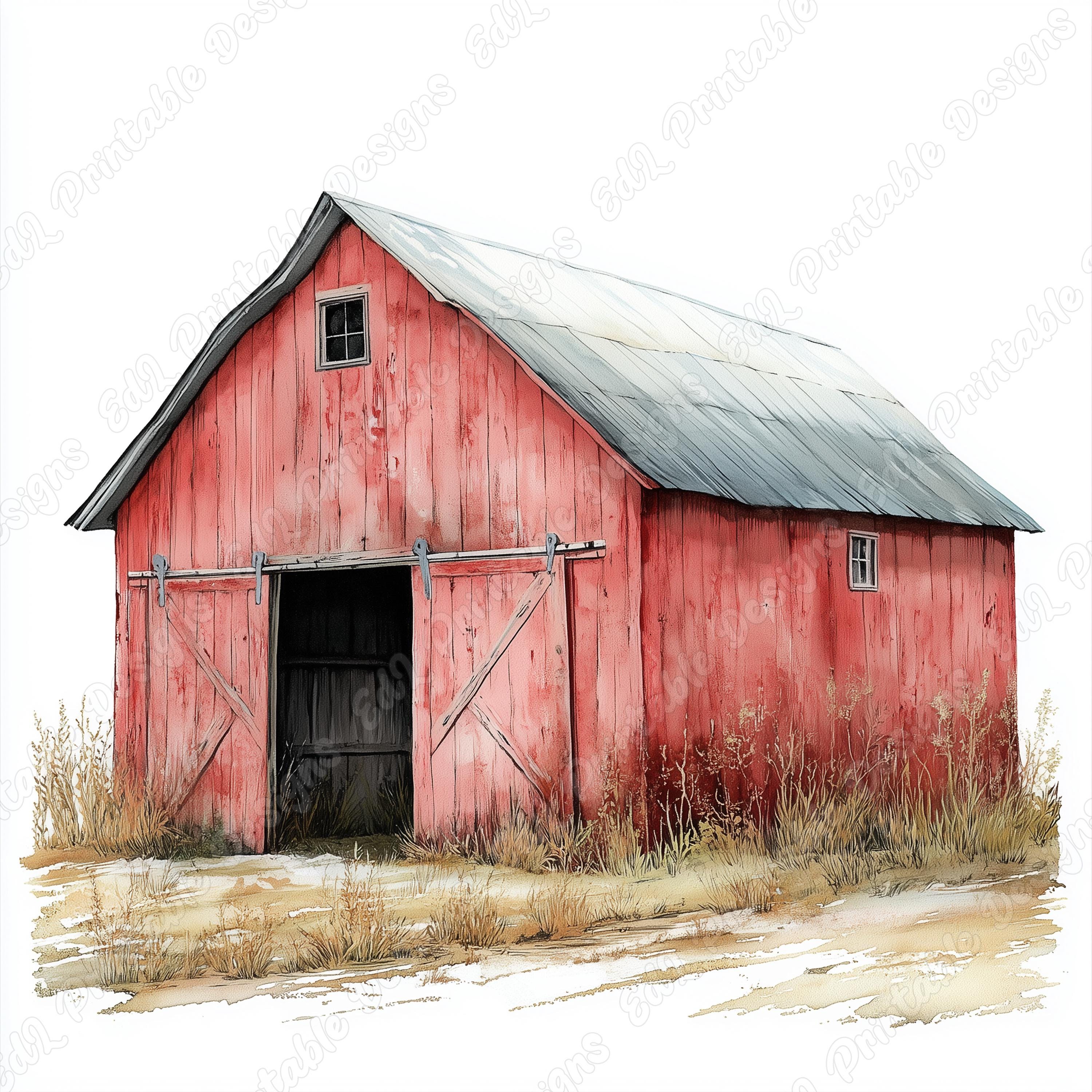 Shabby Chic Barn Clip Art, Rustic Watercolor Farmhouse (digital