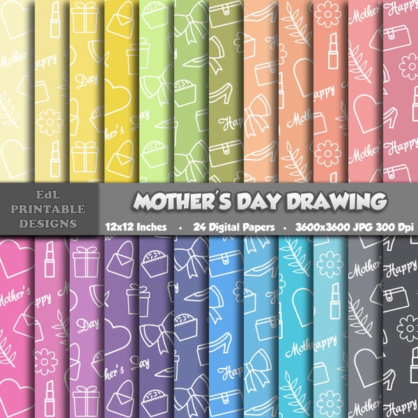 Mothers Day Drawing Pattern Digital Paper, Happy Mom Day Printable Background, Mum Love Sketch Scrapbook, Doodle Papers, Seamless Line Art