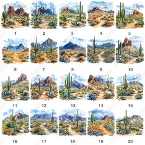 20 Watercolor Desert Clip Art, Desert Landscape Printable Images, Desert Mountain And Cactus Digital Download, Scrapbooking Paper Crafts JPG