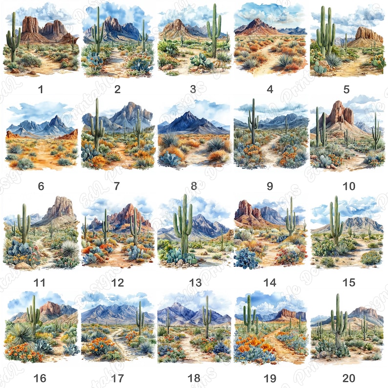 20 Watercolor Desert Clip Art, Desert Landscape Printable Images, Desert Mountain And Cactus Digital Download, Scrapbooking Paper Crafts JPG