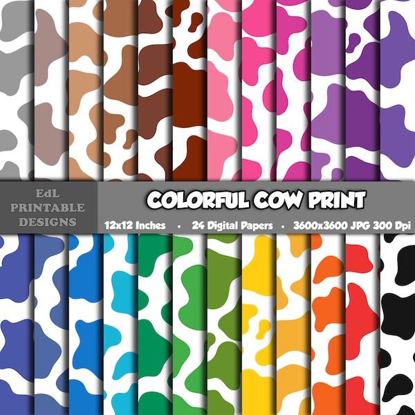 Colorful Cow Print Digital Paper, Animal Print Printable Background, Rainbow Cow Spots Scrapbook Papers, Seamless Repeated Cow Skin Patterns