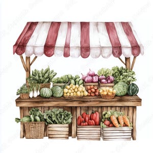 20 graziose clip art di bancarelle di verdure, immagini stampabili di bancarelle del mercato, download digitale del mercato agricolo, scrapbooking di bancarelle di frutta in formato JPG