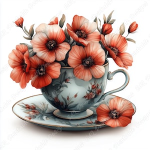 20 Clip Art di tazze da tè floreali vintage, Immagini stampabili di tazze di porcellana acquerellate, Download digitale di tazze da tè con fiori, Pacchetto JPG di lavori di carta