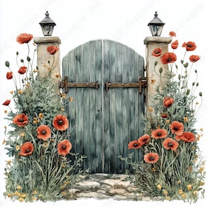 20 imágenes prediseñadas de puertas de jardín vintage con flores, imágenes imprimibles, descarga digital de puertas de cabañas románticas, paquete de manualidades con papel para álbumes de recortes en formato JPG