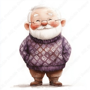 20 imágenes prediseñadas de abuelo de dibujos animados en acuarela, imagen imprimible de abuelo divertido, descarga digital, paquete de manualidades de papel para álbumes de recortes de hombre mayor en formato JPG