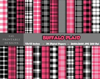 Pink Black White Buffalo Plaid Digital Paper, Tartan Flannel (Digital Download)