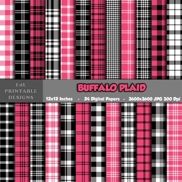Pink Black White Buffalo Plaid Digital Paper, Printable Tartan Background Papers, Lumberjack Scrapbook Papers, Seamless Gingham Set Of 24