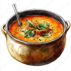 Puede incluir: Ilustración en acuarela de una olla dorada llena de sopa naranja. La sopa está adornada con hojas frescas de albahaca verde y una rebanada de pan. Una cuchara plateada descansa en la sopa.