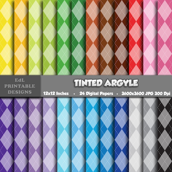 Tinted Argyle Digital Pattern Paper, Diamond Printable Background, Geometric Scrapbook Papers, 12x12 Colorful Harlequin Seamless Paper Set