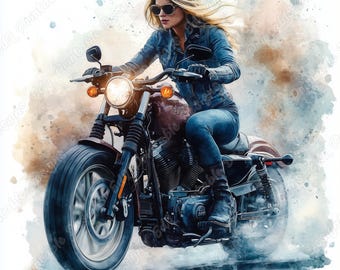 20 Woman Riding Motorcycle Clip Art, Watercolor Biker Girl Printable Images, Digital Download, Woman Rider Scrapbooking Paper Crafts JPG Set
