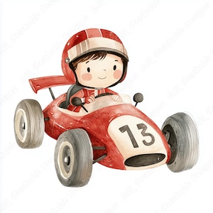 Pode incluir: Ilustração em aquarela de uma criança em um carro de corrida vermelho com o número 13. A criança usa um capacete e um macacão de corrida vermelhos. O carro tem pneus grandes e um pequeno spoiler.