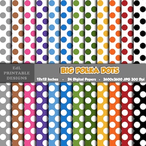 Puede incluir: Conjunto de 24 papeles digitales con grandes lunares blancos sobre fondos de colores variados. Los colores incluyen gris, marrón, rosa, morado, azul, verde, amarillo, naranja, rojo y negro. Cada papel tiene 3600x3600 píxeles y 300 ppp.