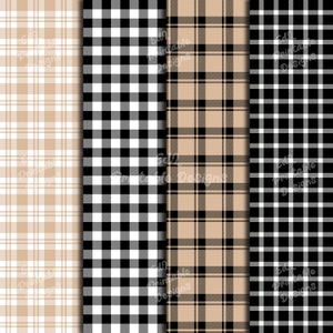 Beige and Black Buffalo Plaid Digital Paper, Printable Tartan Background Papers, Lumberjack Scrapbook Papers, Seamless Gingham Set Of 24