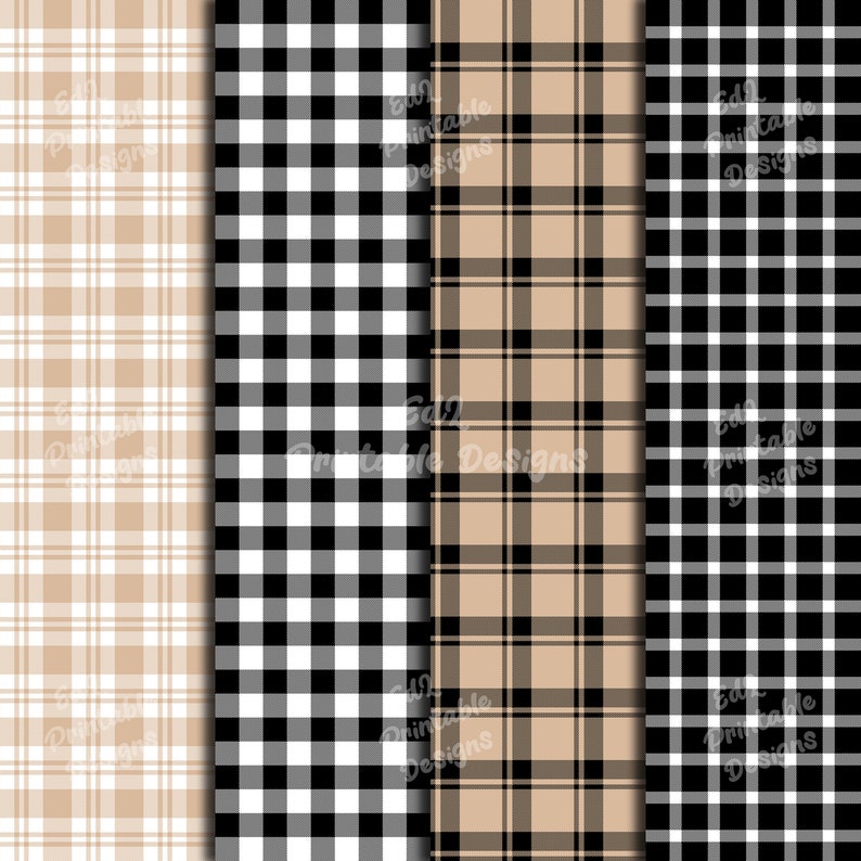 Beige and Black Buffalo Plaid Digital Paper, Printable Tartan Background Papers, Lumberjack Scrapbook Papers, Seamless Gingham Set Of 24