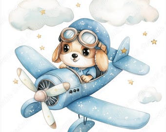Aviator Puppy Clipart, Watercolor Pilot Baby Puppy Printable Images Bundle (Digital Download)