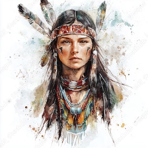 Puede incluir: Una pintura de acuarela de una mujer nativa americana con cabello largo y oscuro que lleva un collar de cuentas y un tocado con plumas. El fondo es una acuarela de color azul claro y blanco.