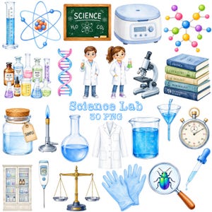 Może przedstawiać: Kolekcja ilustracji laboratoryjnych, w tym tablica z napisem SCIENCE, H2O i CO2, mikroskop, wirówka, nić DNA, zlewki, kolby, probówki, fartuch laboratoryjny, rękawiczki, waga szalkowa oraz stoper.