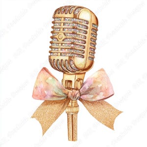 May include: A gold-colored vintage microphone with a glittery top and a watercolor bow in shades of pink, peach, and gold. The bow is tied around the base of the microphone. The microphone is a design element.