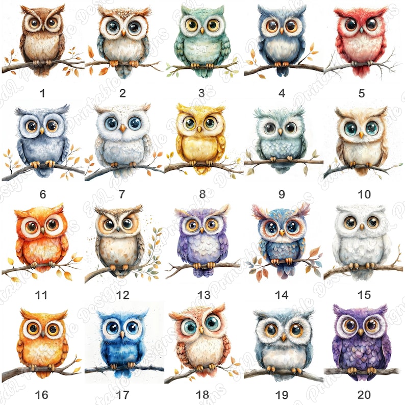 20 Watercolor Cute Owl Clip Art, Woodland Animal Printable Images, Baby Shower Digital Download, Nursery Scrapbooking Paper Craft JPG Bundle