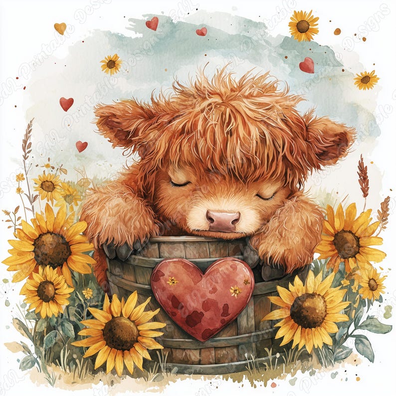20 Valentines Day Highland Cow Clip Art, Highland Calf Printable Images, Baby Farm Animal Digital Download, Scrapbooking Paper Craft JPG Set