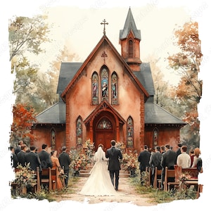 Church Wedding Scene Clipart, Printable Watercolor Chapel Ceremony Day Images (Digital Download)