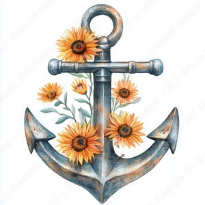 Könnte beinhalten: Aquarell-Illustration eines verwitterten Ankers, verziert mit leuchtenden Sonnenblumen. Der Anker, in Grau- und Brauntönen, hat ein klassisches Design. Die Sonnenblumen mit ihren leuchtend gelben Blütenblättern und dunklen Zentren verleihen einen natürlichen Touch.