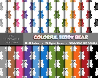 Papel digital de osito de peluche colorido, ideal para la habitación del bebé (niño o niña) o para un baby shower (descarga digital).