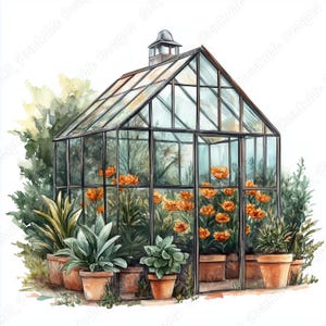 20 Clip Art de Estufa de Vidro, Imagens de Oásis Botânico para Imprimir, Download Digital de Plantas de Estufa, Artesanato em Papel para Scrapbooking de Jardim de Ervas em JPG