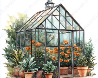 Aquarell Gewächshaus Clipart, Botanische Oase Bilder, Gartenpflanzen Papier JPG (Digitaler Download)
