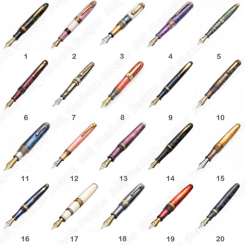20 Vintage Fountain Pen Clip Art, Writing Pen Printable Image, Old Ink Pen Digital Download, Antique Pen Scrapbooking Paper Craft JPG Bundle